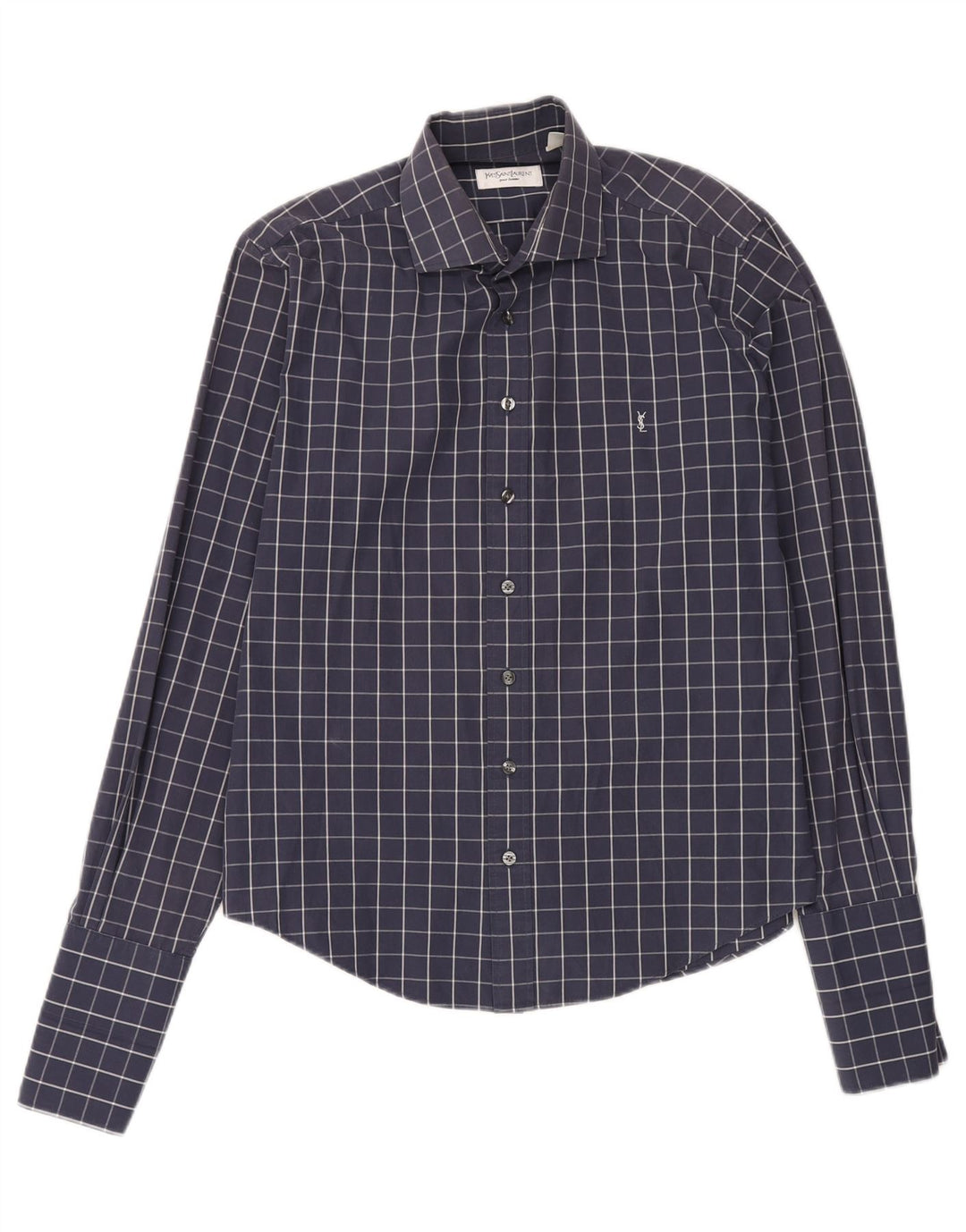 Yves Saint Laurent Mens Shirt Large Navy Blue Check Cotton