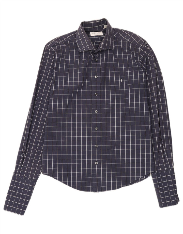 Yves Saint Laurent Mens Shirt Large Navy Blue Check Cotton
