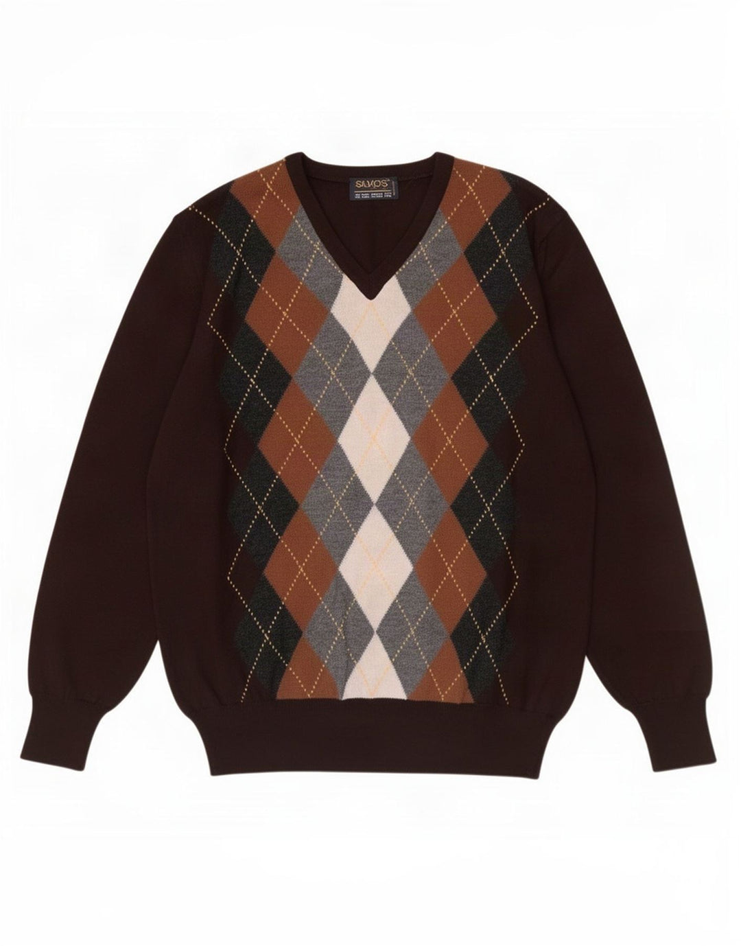Vintage Mens V-Neck Jumper Sweater IT 48 Medium Brown Argyle/Diamond