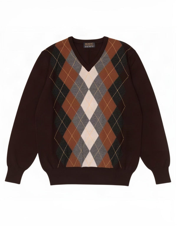 Vintage Mens V-Neck Jumper Sweater IT 48 Medium Brown Argyle/Diamond