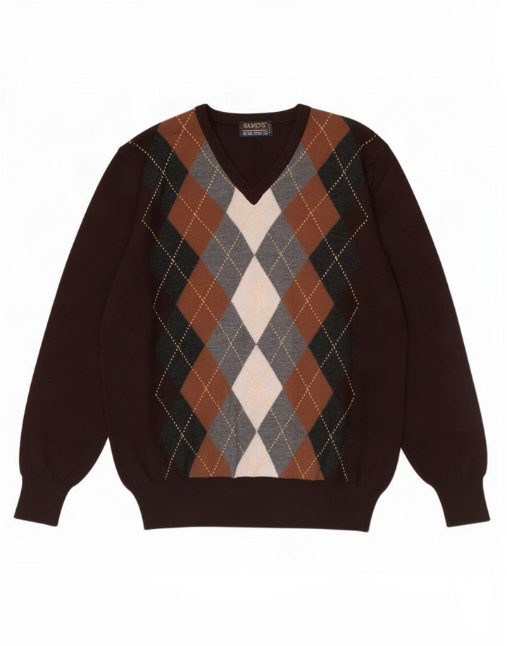 Vintage Mens V-Neck Jumper Sweater IT 48 Medium Brown Argyle/Diamond