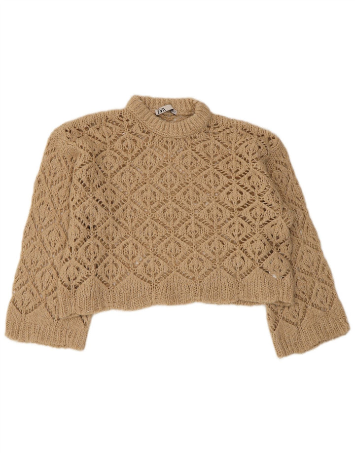 Zara Womens Oversized Crop Crew Neck Jumper Sweater UK 10 Small Beige