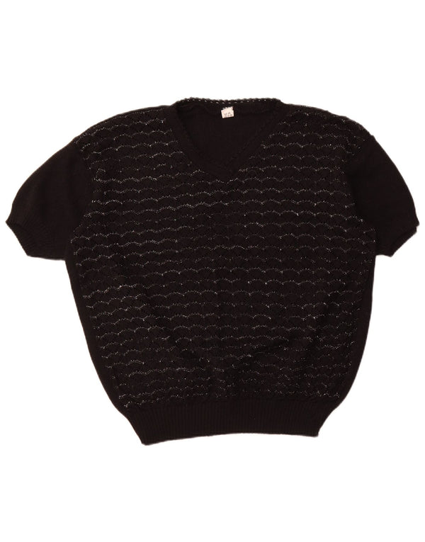 VINTAGE Womens Short Sleeve V-Neck Jumper Sweater UK 18 XL Black Striped