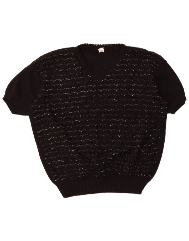 VINTAGE Womens Short Sleeve V-Neck Jumper Sweater UK 18 XL Black Striped
