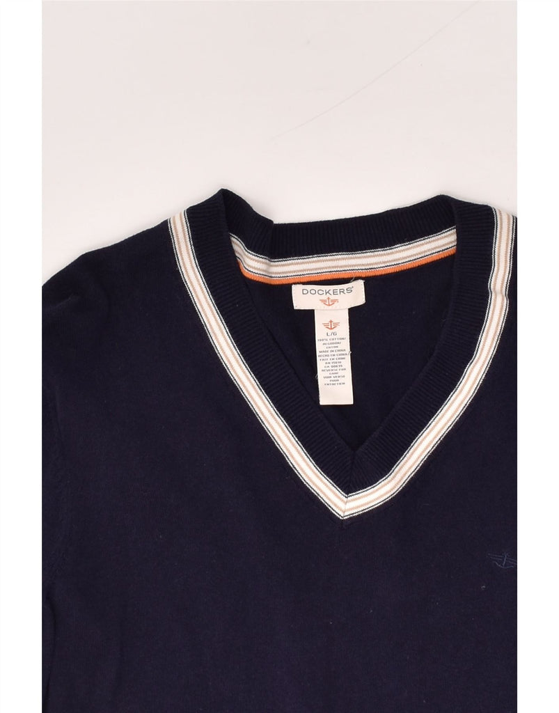 DOCKERS Womens V-Neck Jumper Sweater UK 14 Large Navy Blue Cotton | Vintage Dockers | Thrift | Second-Hand Dockers | Used Clothing | Messina Hembry 