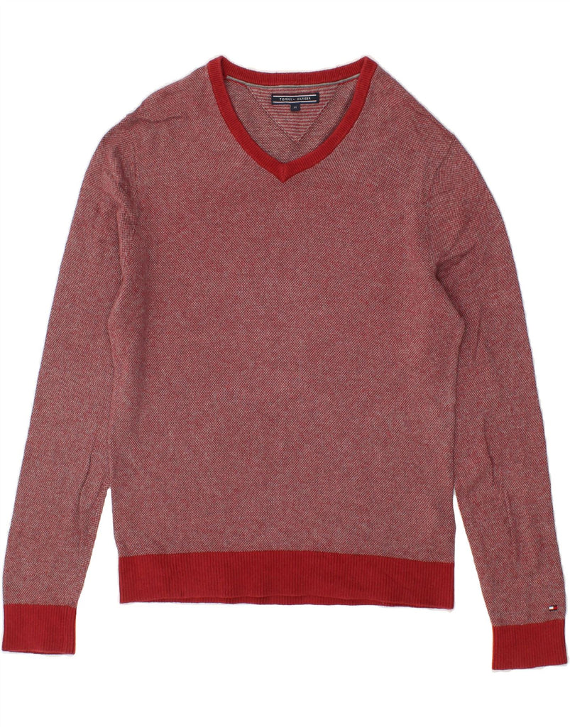 TOMMY HILFIGER Mens V-Neck Jumper Sweater Medium Red Cotton | Vintage Tommy Hilfiger | Thrift | Second-Hand Tommy Hilfiger | Used Clothing | Messina Hembry 