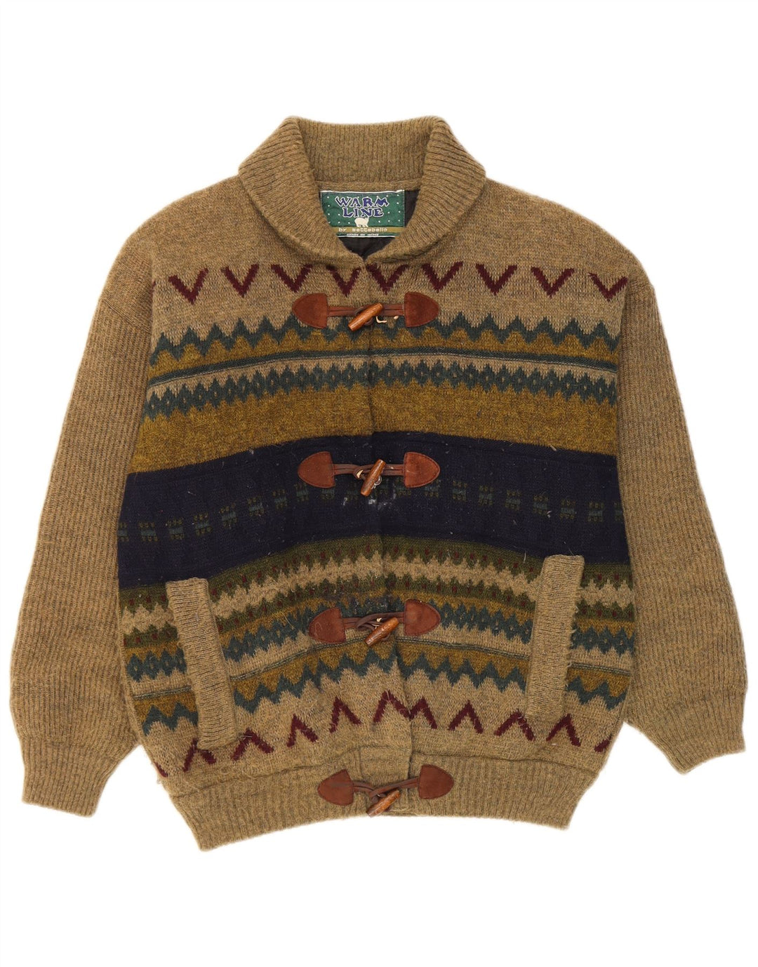 Vintage Mens Cardigan Sweater Medium Khaki Geometric Wool
