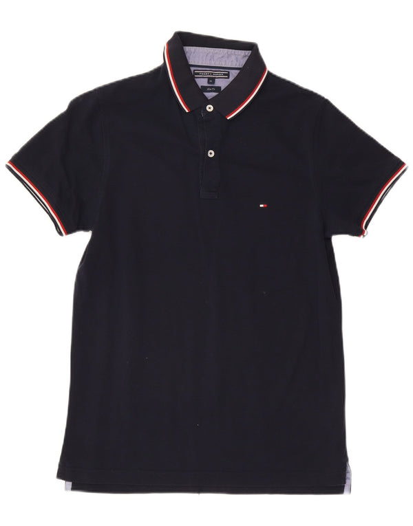 Tommy Hilfiger Mens Slim Fit Polo Shirt Medium Navy Blue Striped Cotton