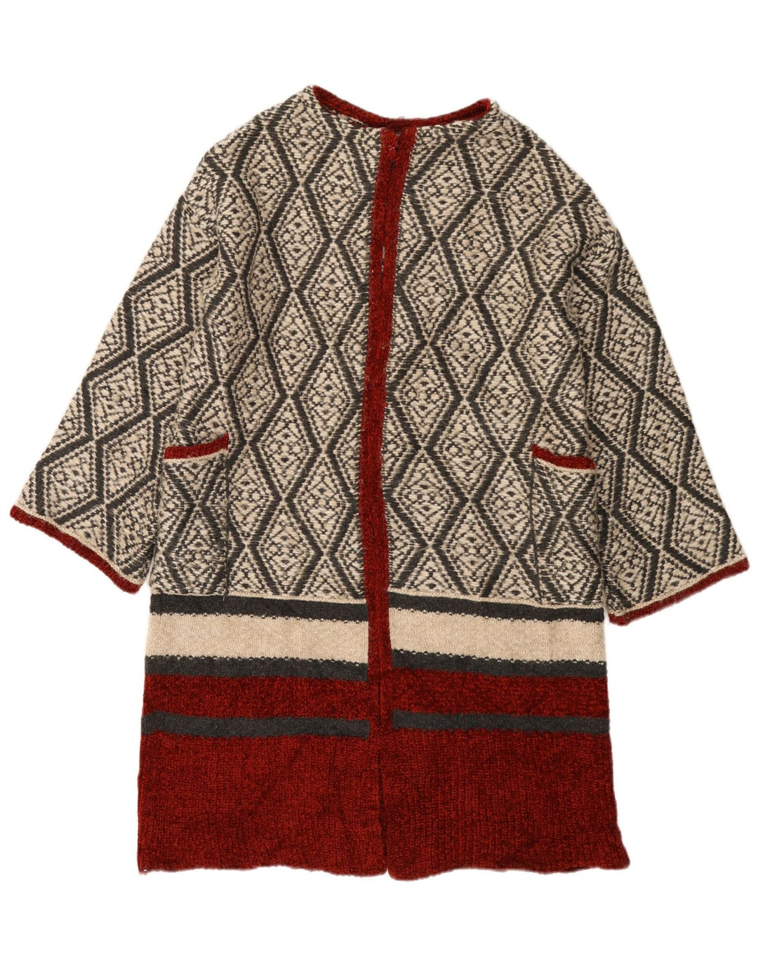 Zara Womens Longline Open Cardigan Sweater UK 14 Medium Beige Geometric