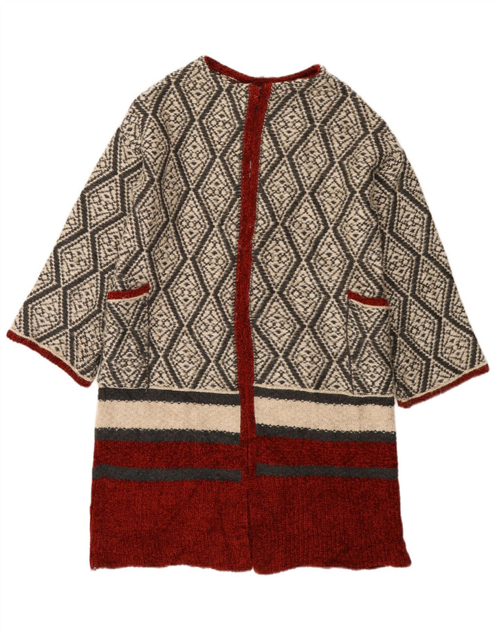 Zara Womens Longline Open Cardigan Sweater UK 14 Medium Beige Geometric