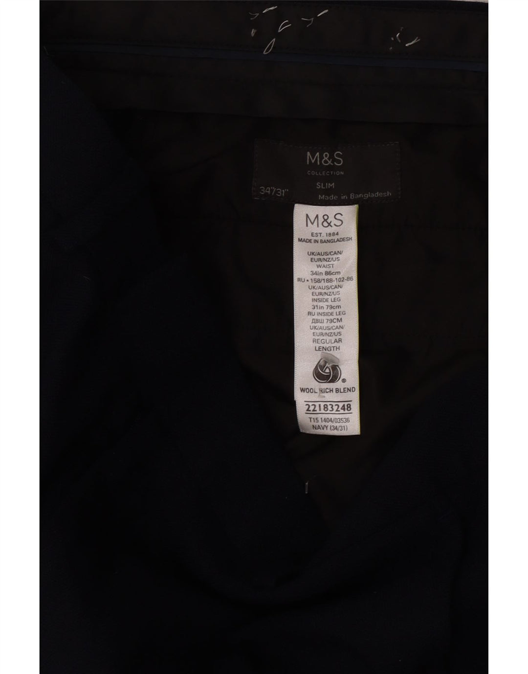 Marks & Spencer Mens Slim Suit Trousers  W34 L31 Navy Blue Wool