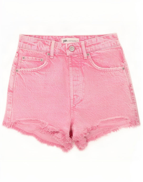 Zara Womens High Waist Denim Shorts EU 34 2XS W24 Pink Cotton