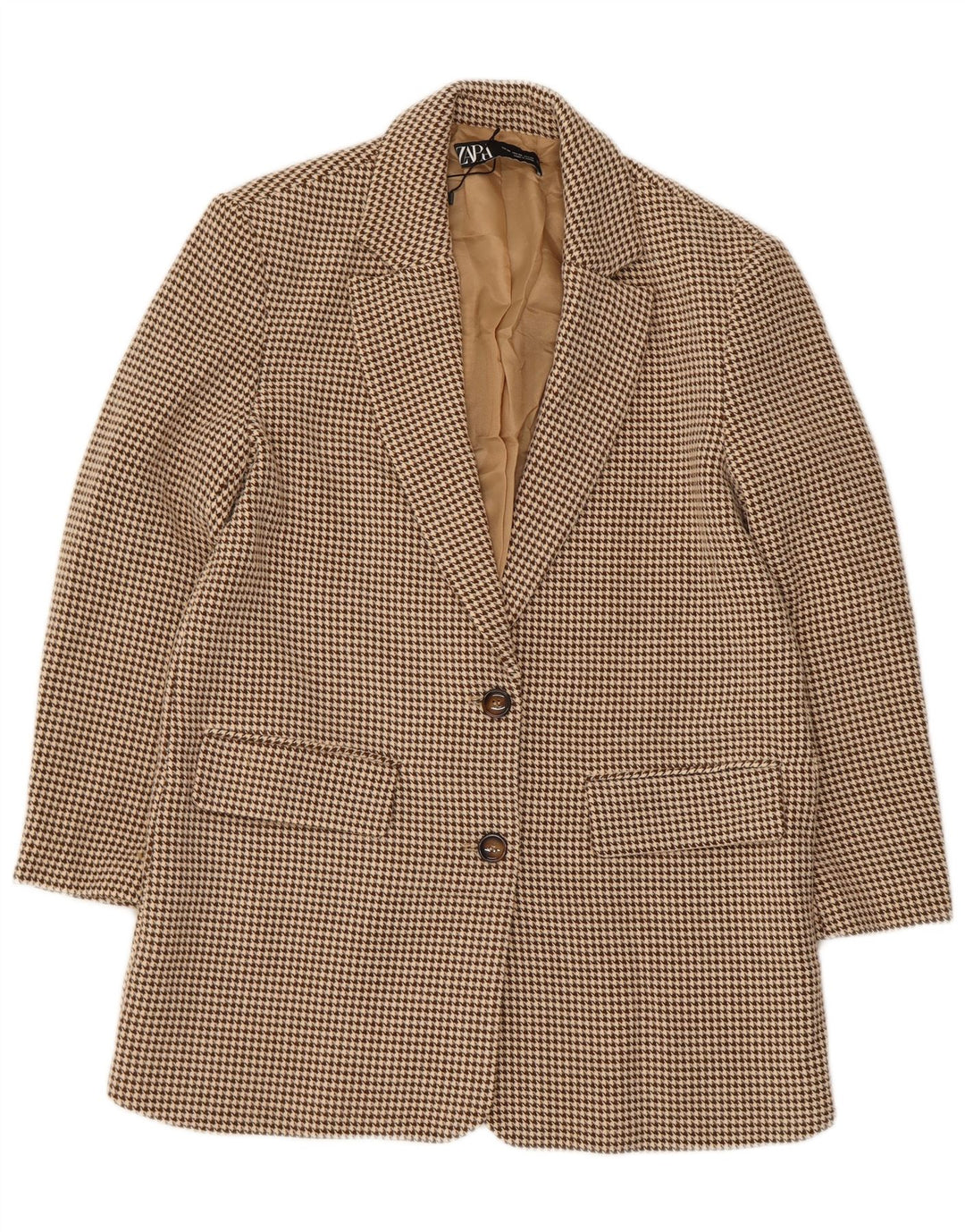 Zara Womens 2 Button Oversized Blazer Jacket UK 6 XS Beige Houndstooth