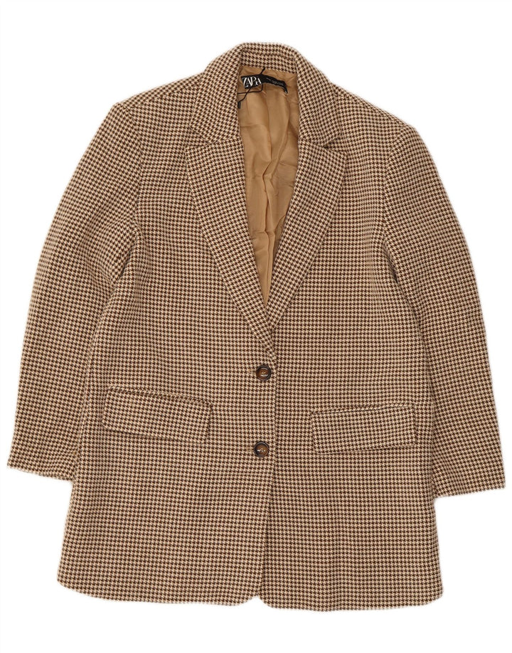 Zara Womens 2 Button Oversized Blazer Jacket UK 6 XS Beige Houndstooth