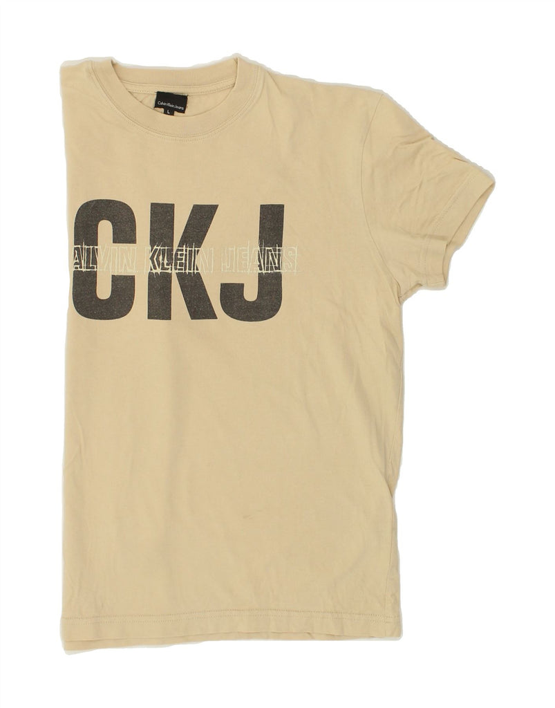 CALVIN KLEIN JEANS Mens Graphic T-Shirt Top Large Beige Cotton | Vintage Calvin Klein Jeans | Thrift | Second-Hand Calvin Klein Jeans | Used Clothing | Messina Hembry 