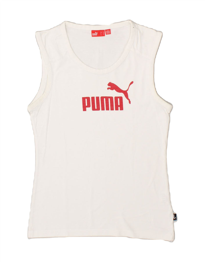 PUMA Womens Graphic Vest Top UK 12 Medium  White Cotton Vintage Puma and Second-Hand Puma from Messina Hembry 