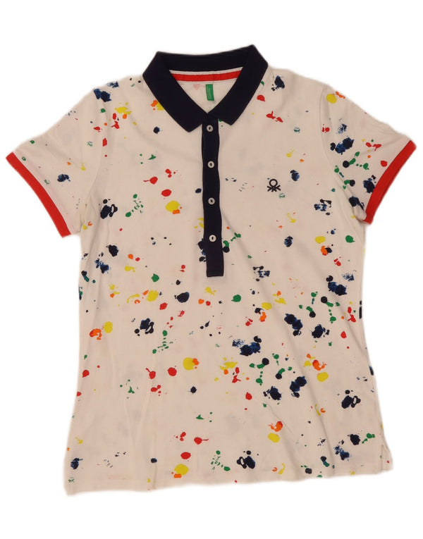 Benetton Womens Polo Shirt UK 14 Medium White Tie Dye Cotton
