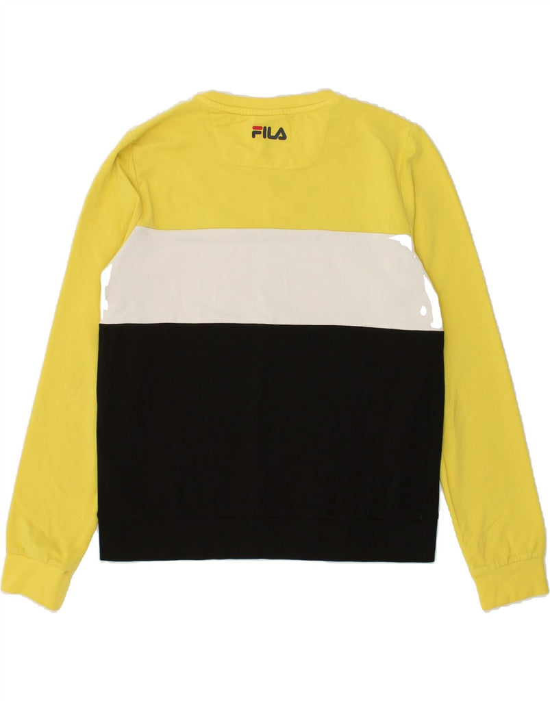 FILA Womens Graphic Sweatshirt Jumper UK 14 Medium Yellow Colourblock | Vintage Fila | Thrift | Second-Hand Fila | Used Clothing | Messina Hembry 