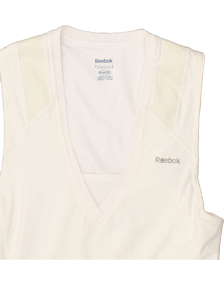 REEBOK Womens Graphic Vest Top UK 12 Medium White Polyester | Vintage Reebok | Thrift | Second-Hand Reebok | Used Clothing | Messina Hembry 