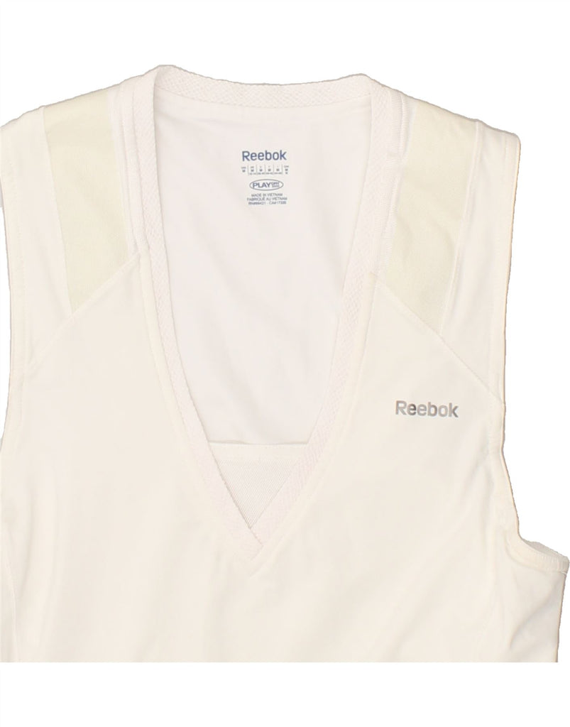 REEBOK Womens Graphic Vest Top UK 12 Medium White Polyester | Vintage Reebok | Thrift | Second-Hand Reebok | Used Clothing | Messina Hembry 