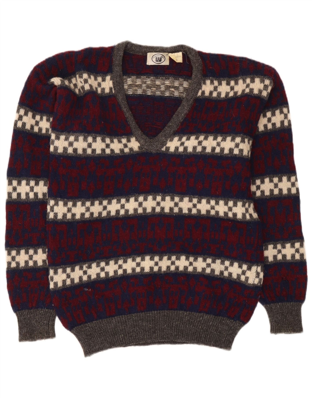 Vintage Mens V-Neck Jumper Sweater Medium Multicoloured Geometric Wool