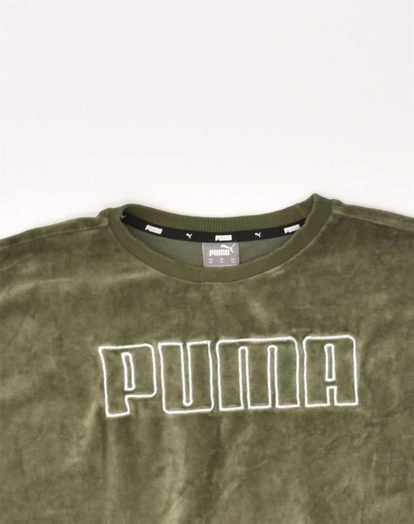 PUMA Womens Graphic Sweatshirt Jumper UK 6 XS Khaki Cotton | Vintage Puma | Thrift | Second-Hand Puma | Used Clothing | Messina Hembry 