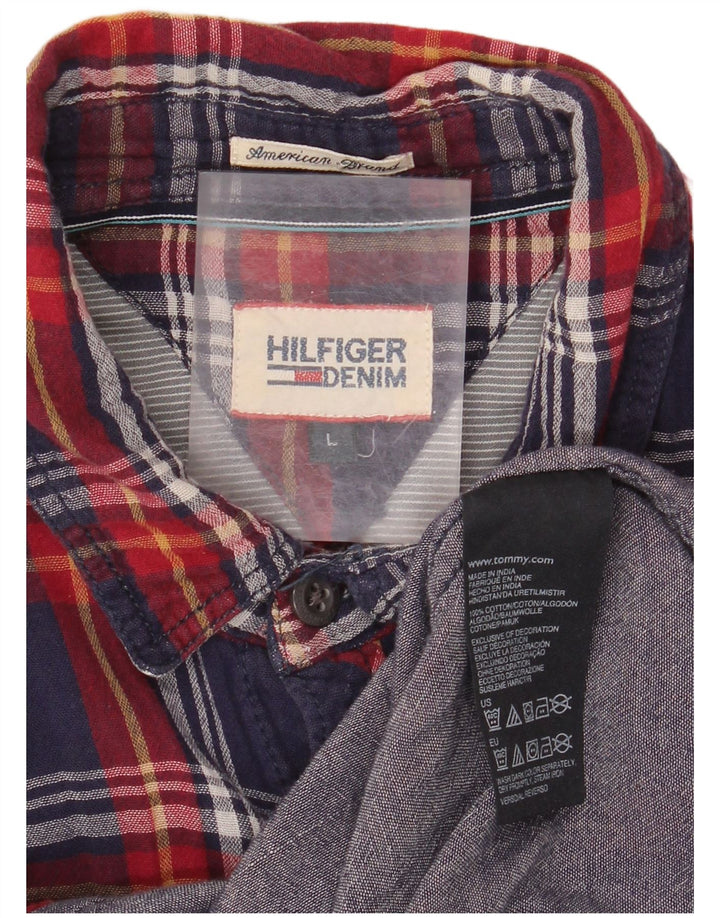 TOMMY HILFIGER Mens Flannel Shirt Large Navy Blue Check Cotton