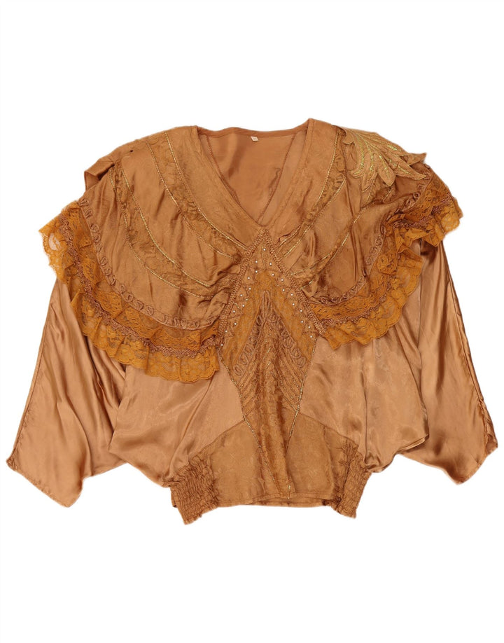 Vintage Womens Ruffle Front Batwing Blouse Top EU 40/42 Large Brown Viscose