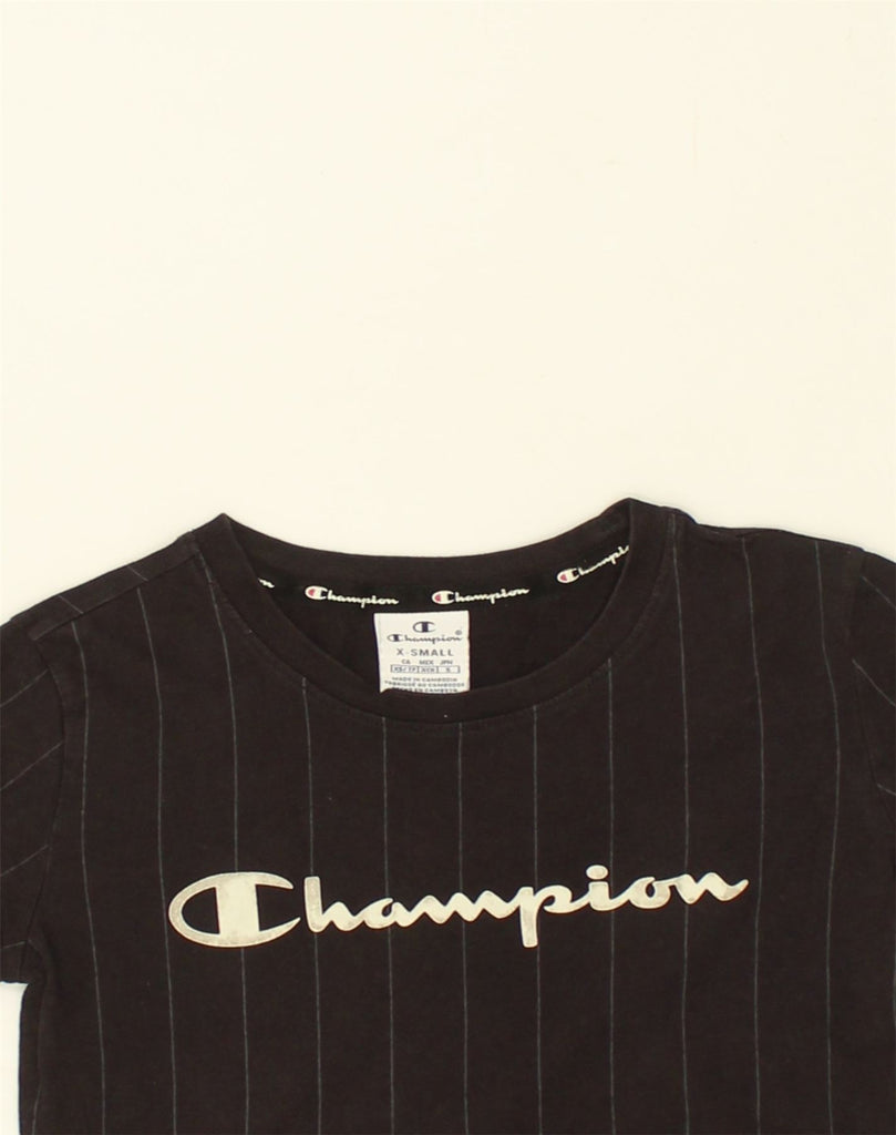 CHAMPION Womens Graphic T-Shirt Top UK 6 XS Black Striped Cotton | Vintage Champion | Thrift | Second-Hand Champion | Used Clothing | Messina Hembry 