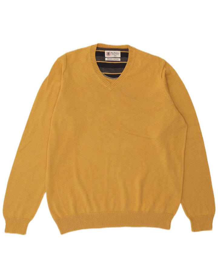Marks & Spencer Mens Blue Harbour V-Neck Jumper Sweater Large Yellow Cotton