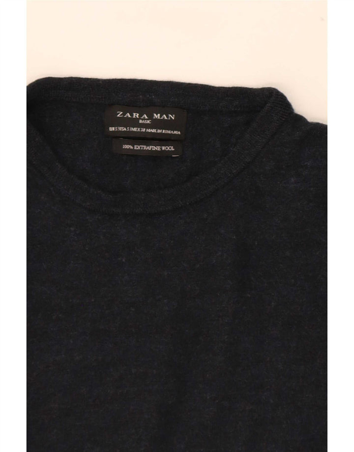 Zara Mens Crew Neck Jumper Sweater Small Navy Blue Wool