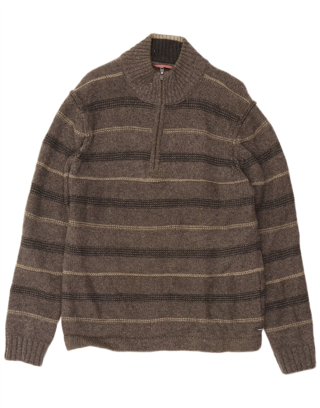 White Stuff Mens Zip Neck Jumper Sweater Large Grey Striped Lambswool