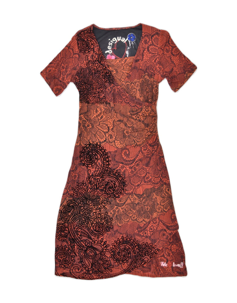DESIGUAL Womens A-Line Dress UK 10 Small Brown Floral Viscose Classic | Vintage | Thrift | Second-Hand | Used Clothing | Messina Hembry 