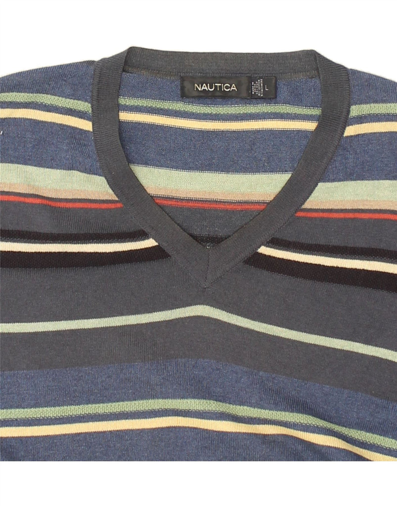 NAUTICA Mens V-Neck Jumper Sweater Large Grey Striped Silk | Vintage Nautica | Thrift | Second-Hand Nautica | Used Clothing | Messina Hembry 