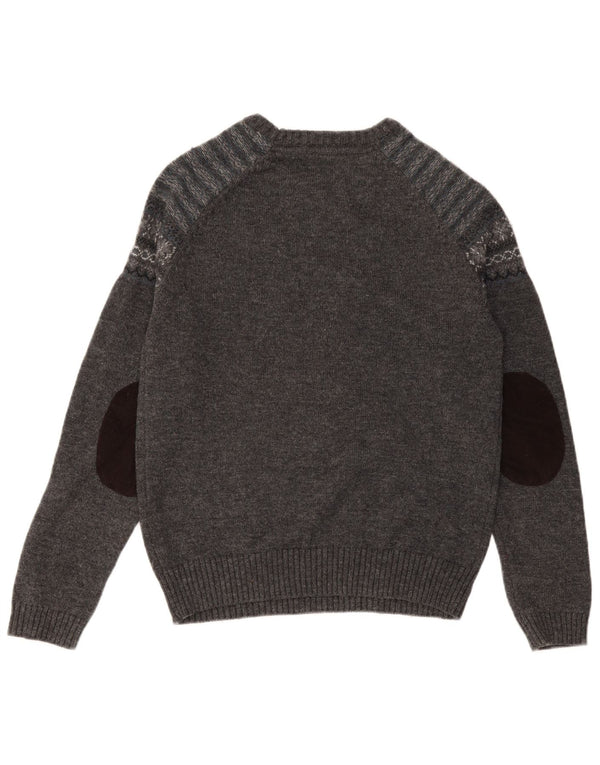 JACK & JONES Mens Boat Neck Jumper Sweater Medium Grey Fair Isle Lambswool