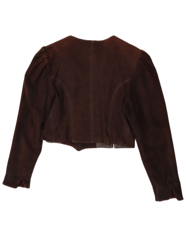 Vintage Womens Crop Suede Jacket UK 14 Medium Brown Floral