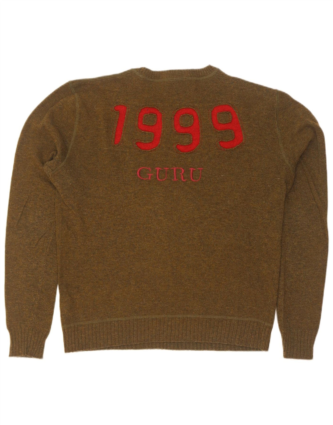 Guru Mens Graphic Crew Neck Jumper Sweater Medium Khaki Wool