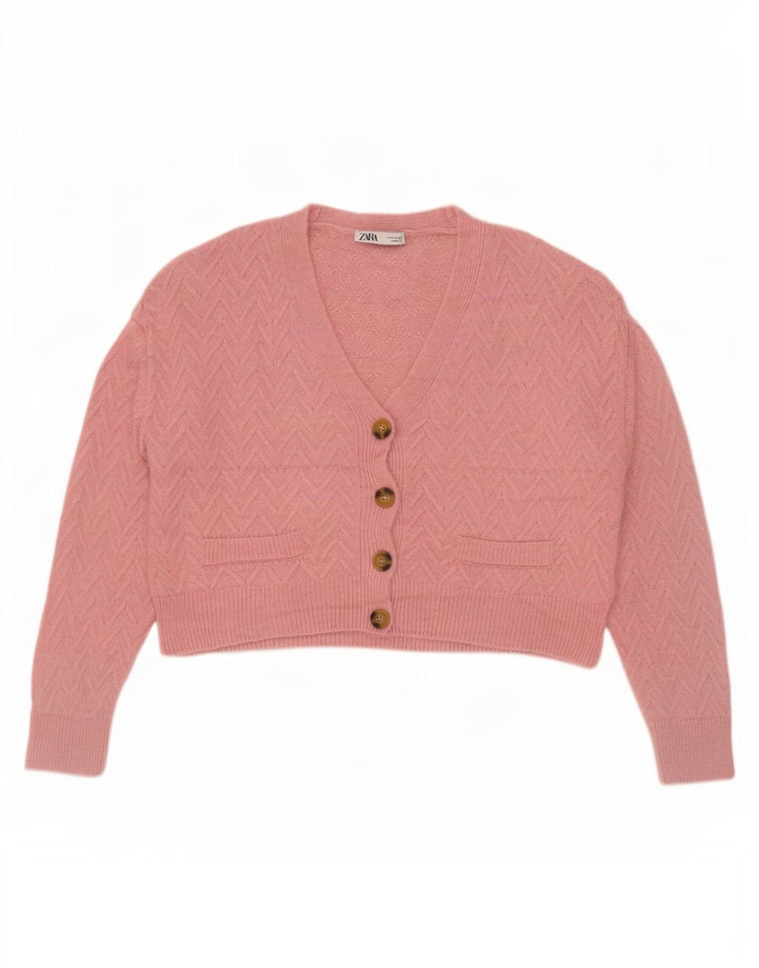 Zara Womens Crop Oversized Cardigan Sweater UK 14 Medium Pink Chevron