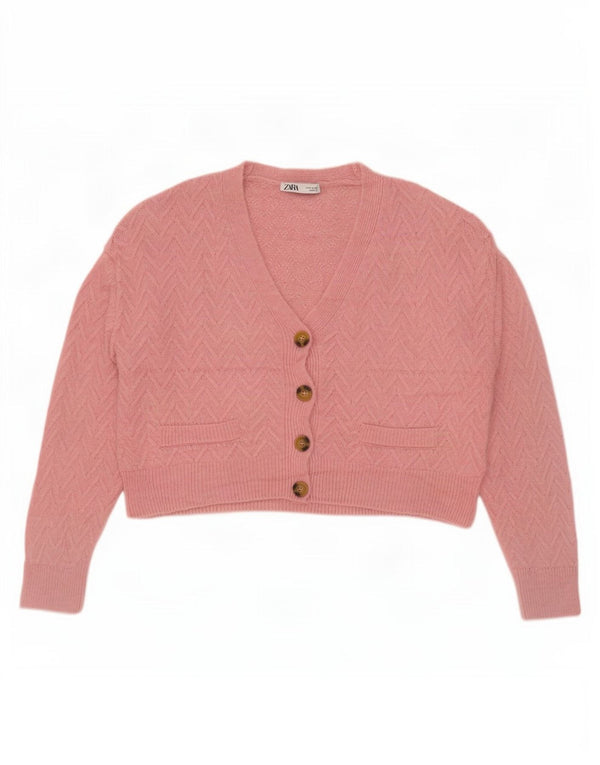 Zara Womens Crop Oversized Cardigan Sweater UK 14 Medium Pink Chevron