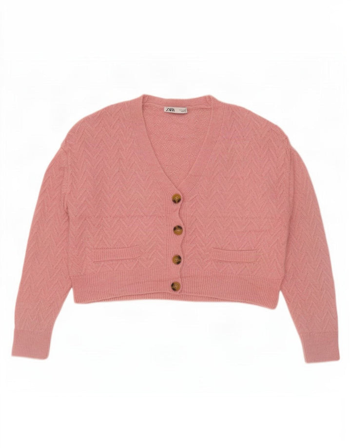 Zara Womens Crop Oversized Cardigan Sweater UK 14 Medium Pink Chevron