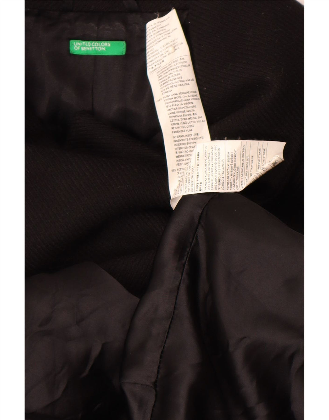Benetton Womens Double Breasted Coat IT 44 Medium Black Virgin Wool