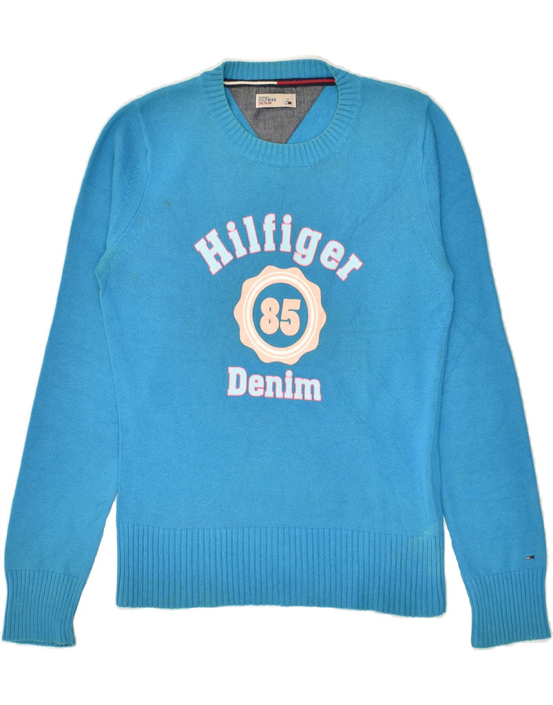 TOMMY HILFIGER Womens Graphic Boat Neck Jumper Sweater UK 10 Small Blue | Vintage Tommy Hilfiger | Thrift | Second-Hand Tommy Hilfiger | Used Clothing | Messina Hembry 