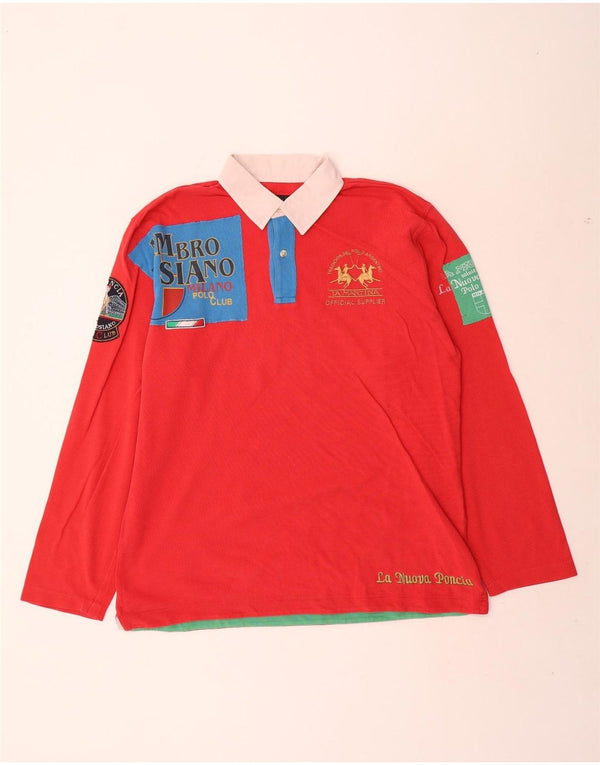 La Martina Mens Graphic Long Sleeve Rugby Polo Shirt XL Red Colourblock