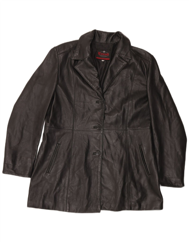 VINTAGE Womens Leather Coat IT 48 XL Black Acetate