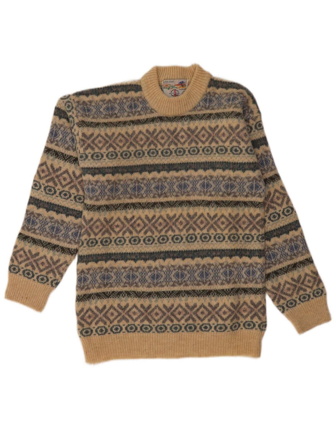 Bruce Brockman Mens Crew Neck Jumper Sweater Small Beige Fair Isle