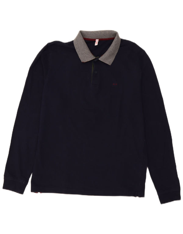 Sun68 Mens Long Sleeve Polo Shirt XL Navy Blue Colourblock Cotton