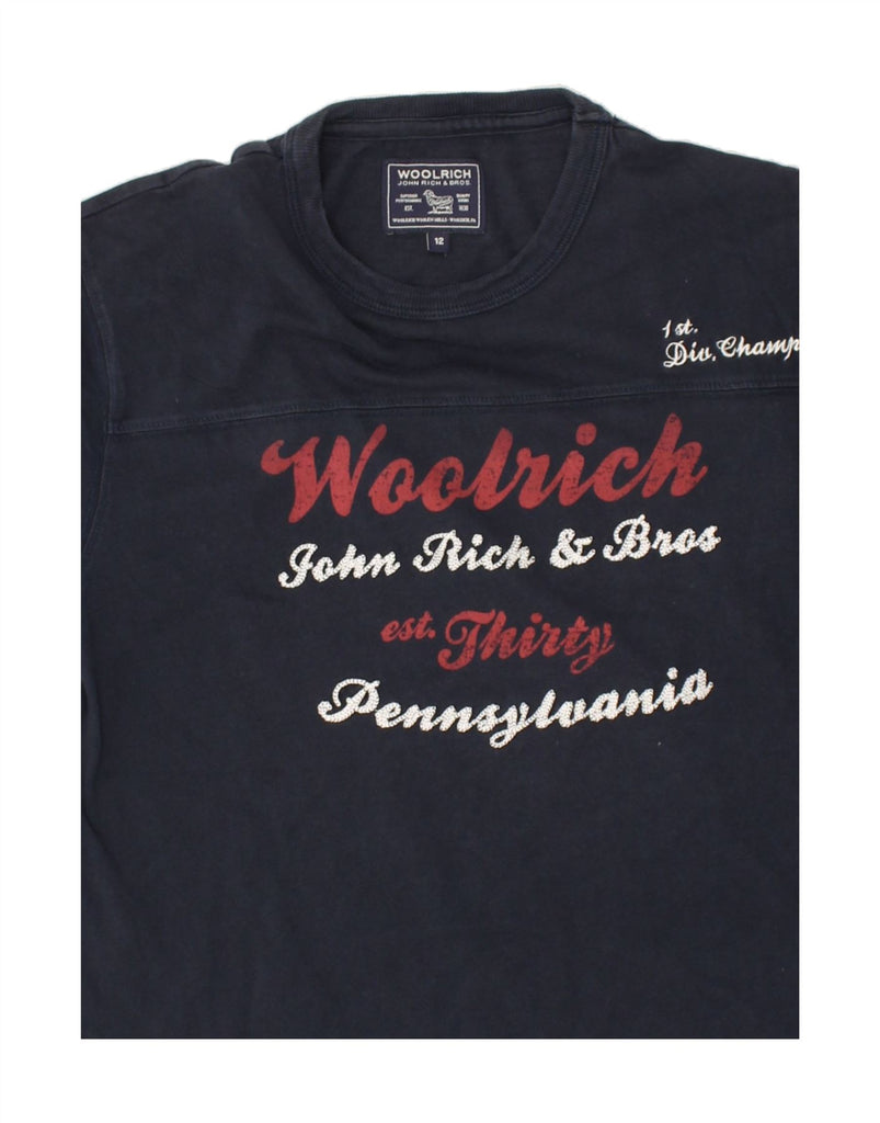 WOOLRICH Boys Graphic T-Shirt Top 11-12 Years Navy Blue Cotton | Vintage Woolrich | Thrift | Second-Hand Woolrich | Used Clothing | Messina Hembry 