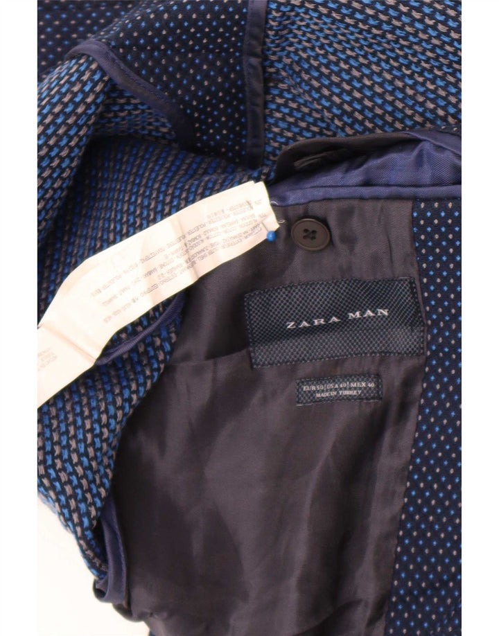 Zara Mens 2 Button Blazer Jacket EU 50 Medium Navy Blue Spotted Cotton