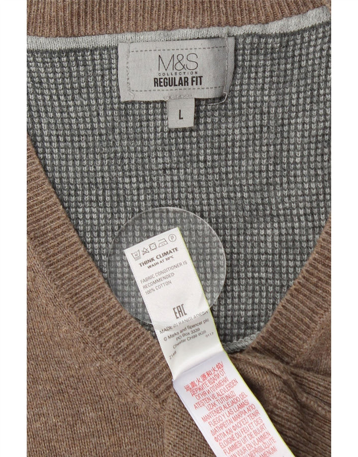 MARKS & SPENCER Mens Regular Fit V-Neck Jumper Sweater Large Brown Cotton