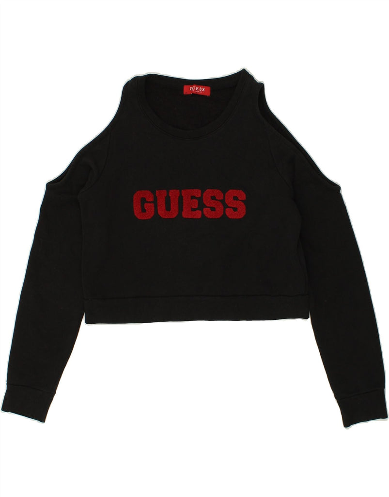 GUESS Womens Graphic Crop Sweatshirt Jumper UK 10 Small Black | Vintage Guess | Thrift | Second-Hand Guess | Used Clothing | Messina Hembry 